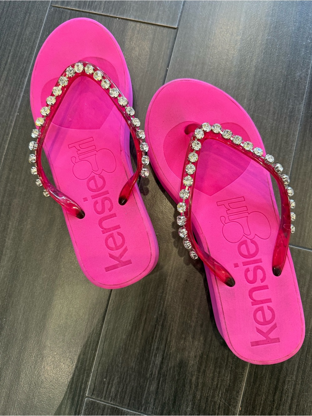 Kensie Hot Pink Jeweled Strap Flip Flops With LOVE Logo